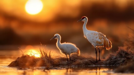 Fototapeta premium Two cranes stand gracefully on the water's edge, beautifully silhouetted against a breathtaking sunset, symbolizing tranquility and the beauty of nature.