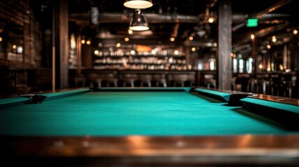 A beautifully lit view of an empty pool table in a cozy bar, emphasizing the atmosphere of leisure and social gatherings, ideal for a night of friendly competition.