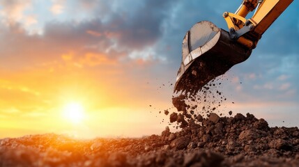 An excavator digs into the earth under a vibrant sunset, illustrating the balance between nature and machinery in a landscape that highlights human endeavor and environmental beauty.