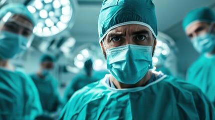 A tense moment in an operating room with surgeons fully focused on a patient, showcasing teamwork, professionalism, and the high-stakes nature of medical practice.