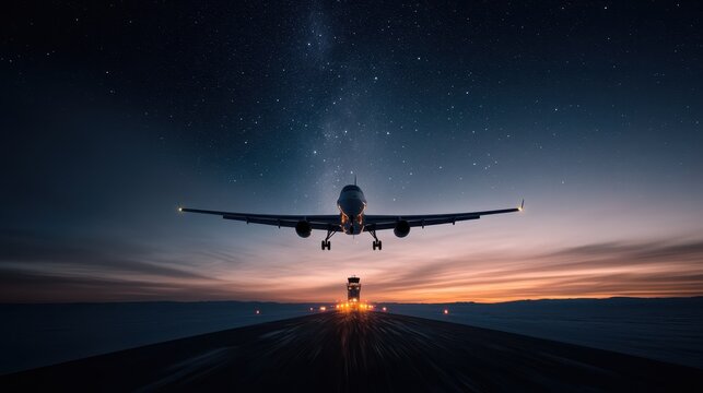A stunning twilight scene captures an airplane's dramatic takeoff against a vibrant sky filled with stars, evoking a sense of adventure and the thrill of travel.