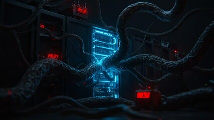 Futuristic server room with glowing tentacles and clocks - Powered by Adobe