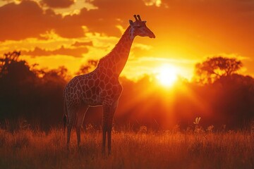 Obraz premium Giraffe silhouette stands tall at sunset. Perfect for wildlife or Africa themes.