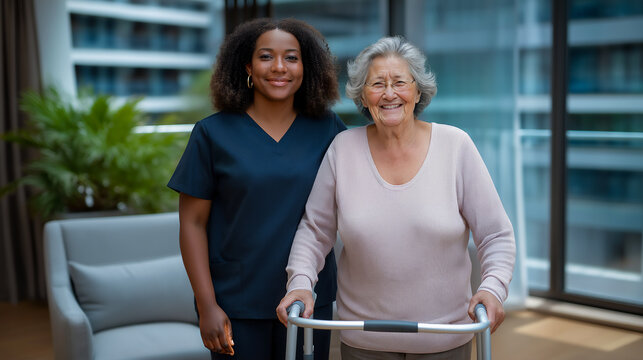 Elderly Caucasian woman using walker and standing with young African-American female caregiver in assisted living residence, copy space