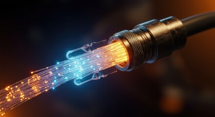 Glowing Data Cable with Blue and Orange Light Rays Transmitting Information