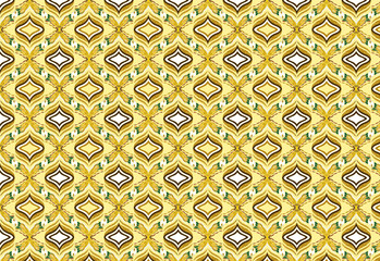 Royal classic seamless fabric pattern with leaves, wheat, and an eagle. Natural earth tones on a yellow background. Luxurious, organic, perfect for textiles and decor