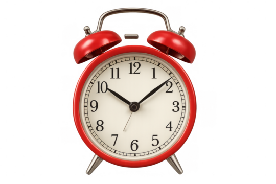 Vintage red alarm clock showing digital time on clear background, highlighting punctuality and precise timekeeping needs