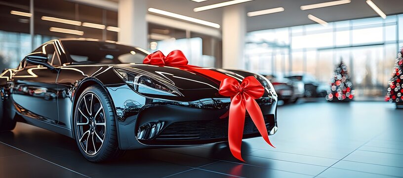 Elegant Black Car with Red Bow Displayed in a Contemporary Showroom AI Generated