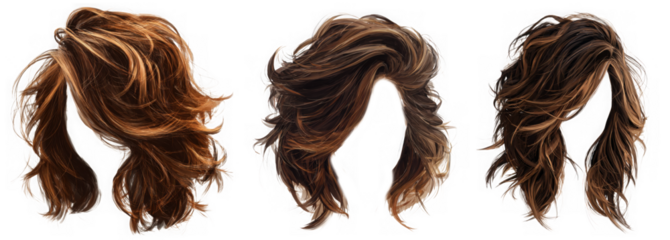 Three different styles of brown and blonde wavy hair isolated on transparent background