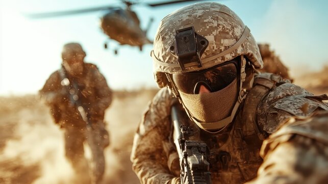 This dynamic image illustrates soldiers in camouflage gear engaging in a mission, capturing the essence of teamwork and determination in a high-stakes military environment.
