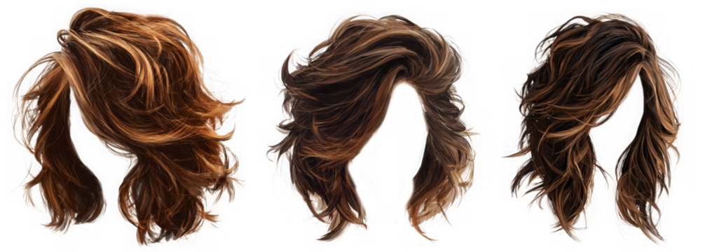 Three different styles of brown and blonde wavy hair isolated on transparent background