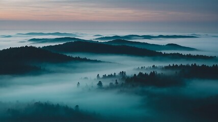 Serene mountain landscape shrouded in ethereal fog at dawn with pastel sky