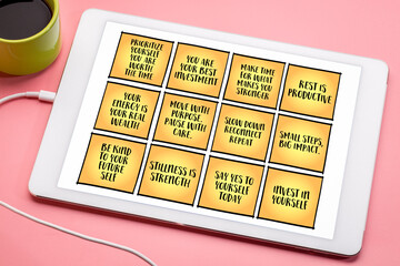 Invest time in yourself - a set of inspirational reminder notes with tips and guidelines on a digital tablet.