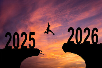 Welcome Merry Christmas and Happy New Year in 2026, Vector silhouette man jumping from 2025 cliff...
