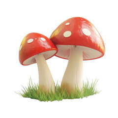 Two red mushrooms in grass isolated on transparent background