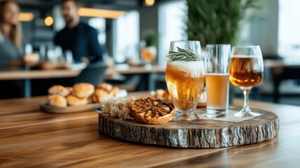 A beautifully arranged assortment of crafted beverages on a rustic wood platter captures the essence of artisanal presentation and social gathering.