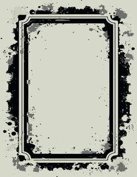 Vertical grunge frame with prominent ink splatters and distressed textures. Perfect for certificates, posters, invitations, or any design that needs an artistic and original touch.