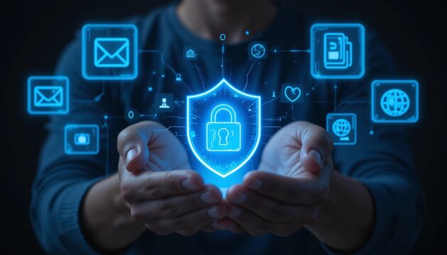 A person holds a glowing digital shield with a lock icon symbolizing data protection and cybersecurity