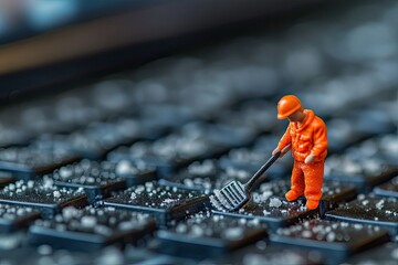Tiny worker cleans a laptop keyboard