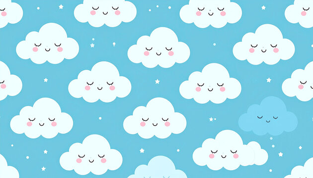 Repeating pattern of cute, smiling, light-blue and white clouds on a teal background, dotted with small white stars