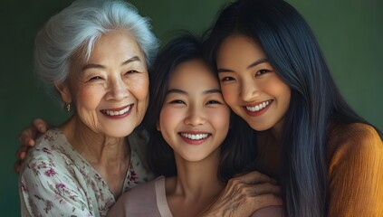 Obraz premium Asian Elder Women Female Smiling Together in Close Up Portrait Happy Family AI Generated
