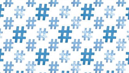 A seamless pattern of various-sized, textured light-blue hashtag symbols scattered across a white background