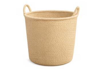 Studio shot of an empty woven laundry basket with handles, isolated on a transparent background