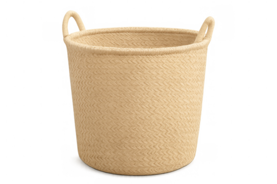 Studio shot of an empty woven laundry basket with handles, isolated on a transparent background