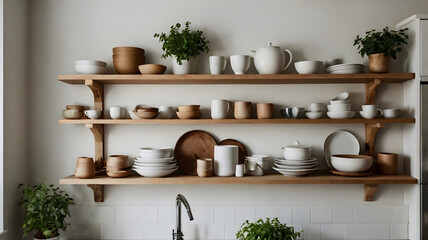 Scandinavian Kitchen Wall with Shelves and Plants – Minimalist Background