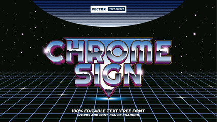 Chrome sign 80s and 90s retro style 3d editable vector text effect. Retro futuristic synthwave typography with neon, chrome and vibrant 80s vibes.