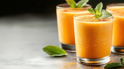 Three refreshing orange smoothies are beautifully arranged in stylish glasses, garnished with mint leaves, presenting an inviting and vibrant drink perfect for summer enjoyment.