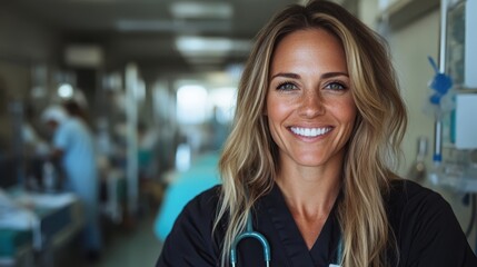 A cheerful nurse poses confidently in a hospital setting, embodying kindness and professionalism while highlighting the critical role healthcare workers play in our lives.