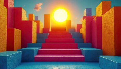 Colorful steps rise toward a shining sun with abstract geometric buildings. Use this bright image for themes of success, dreams, and architecture.