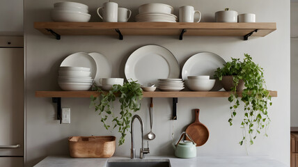 Scandinavian Kitchen Wall with Shelves and Plants – Minimalist Background