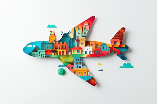 Colorful paper airplane shaped like a city
