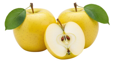 Isolated Yellow Apples with Leaf and Cut Apple