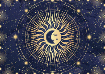 Card of mystical Sun Moon with face, crescent, star, sunburst, night sky. Constellation galaxy celestial space. Spiritual zodiac horoscope, astrology sign, astronomy symbol. Magic vector illustration