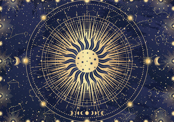 Card of mystical Sun, Moon, crescent, star, sunburst, night sky. Constellation galaxy celestial space. Spiritual zodiac horoscope, astrology sign, astronomy symbol. Magic vector illustration on blue