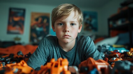A candid shot of a focused young boy among colorful toys in his cozy bedroom, showcasing a moment of imaginative play and youthful curiosity.