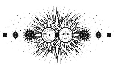 Hand drawn mystical Sun Moon with face, crescent, star. Spiritual celestial space, astrology sign, astronomy symbol. Magic talisman, antique style, vintage, boho, tarot. Vector outline illustration