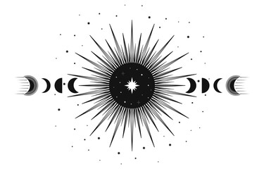 Hand drawn mystical Sun and Moon, crescent, star. Spiritual celestial space, astrology sign, astronomy symbol. Magic talisman, antique style, vintage, boho, tarot. Vector outline illustration