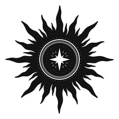 Hand drawn mystical Sun and stars. Spiritual celestial space, astrology sign, astronomy symbol. Magic talisman, antique style, vintage, boho, tarot. Vector outline illustration