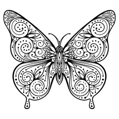 Hand drawn silhouette of flying butterfly with floral ornamental pattern. Decorative coloring page, antistress for adults, ethnic oriental ornament, tattoo. Vector illustration on white background