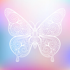 Fototapeta premium Hand drawn silhouette of flying butterfly with floral ornamental pattern. Decorative animal, ethnic oriental ornament, symbol, talisman. Vector illustration on pastel multi color gradient background
