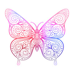 Hand drawn colorful silhouette of flying butterfly with floral ornamental pattern. Decorative gradient animal, ethnic oriental ornament, symbol, talisman. Vector illustration on white background