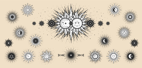 Hand drawn mystical Sun and Moon with face, crescent, star. Spiritual celestial space, astrology sign, astronomy symbol. Magic talisman, antique style, vintage, boho, tarot. Vector set illustration