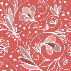 Abstract seamless pattern with openwork ornament of flower, leaves, branches, curls, flowing lines. Red floral ornamental texture. Hand drawn vector illustration for wallpaper, wrapping paper, fabric