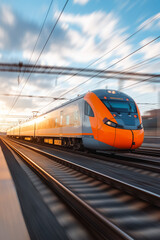 Fototapeta premium A modern high-speed train in motion on a sunny day, highlighting rapid transit.