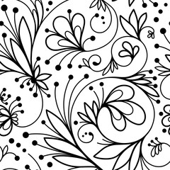 Abstract seamless pattern with openwork ornament of flower, leaves, branches, curls, flowing lines. Floral ornamental texture. Hand drawn vector illustration for wallpaper, wrapping paper, fabric