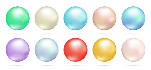 Realistic 3d glossy natural sea pearl. Spherical beautiful 3d color pearls, jewel gems, natural round shapes, jewelry element, romance or love symbol. Vector illustration isolated on white background